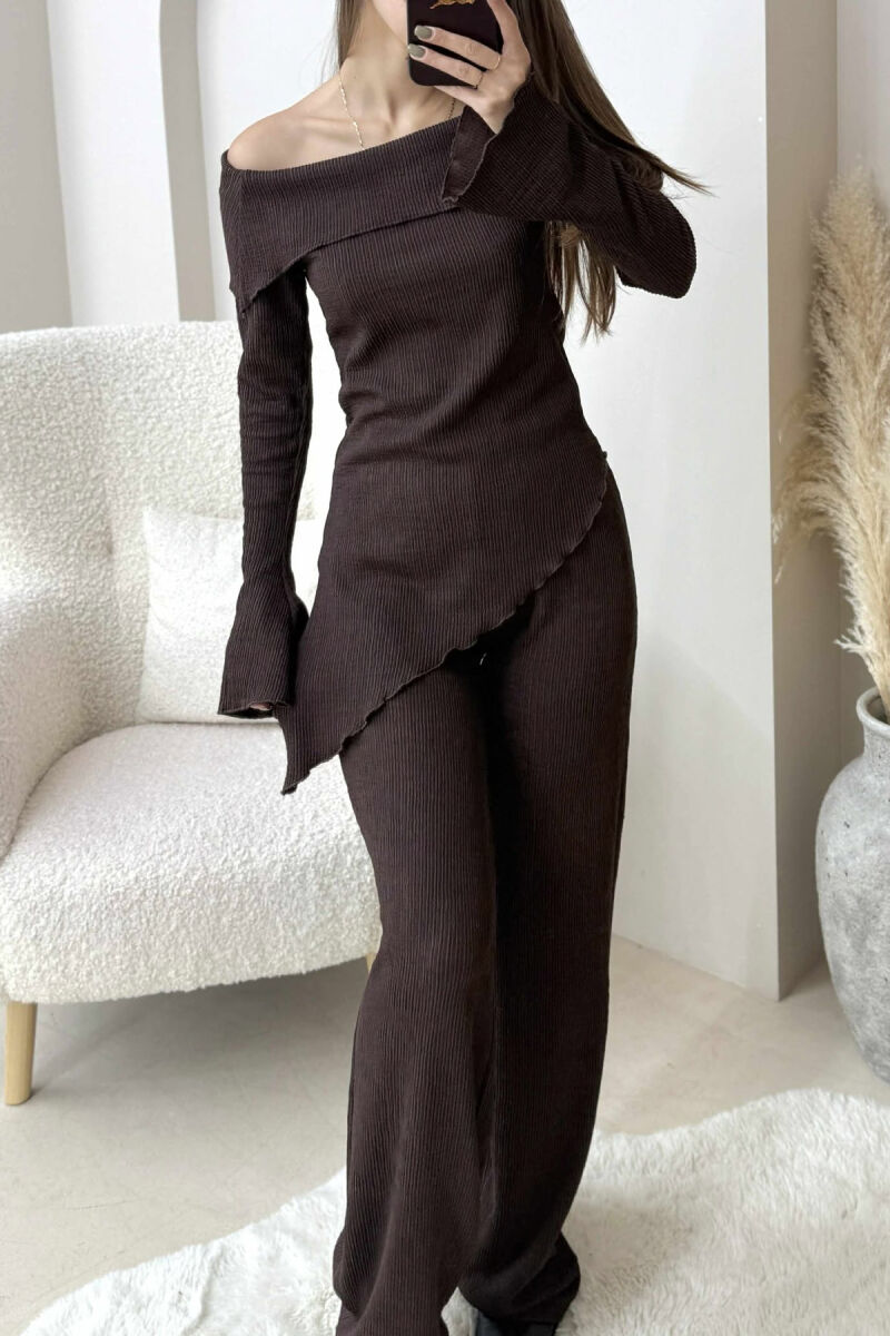 ONE COLOR OFF SHOULDER+TROUSERS WOMEN SET DARK BROWN/KAE - 4