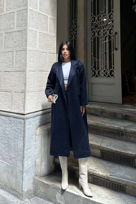 ONE COLOR ONE BUTTON FUR LONG WOMAN COAT BLUE/BLU 