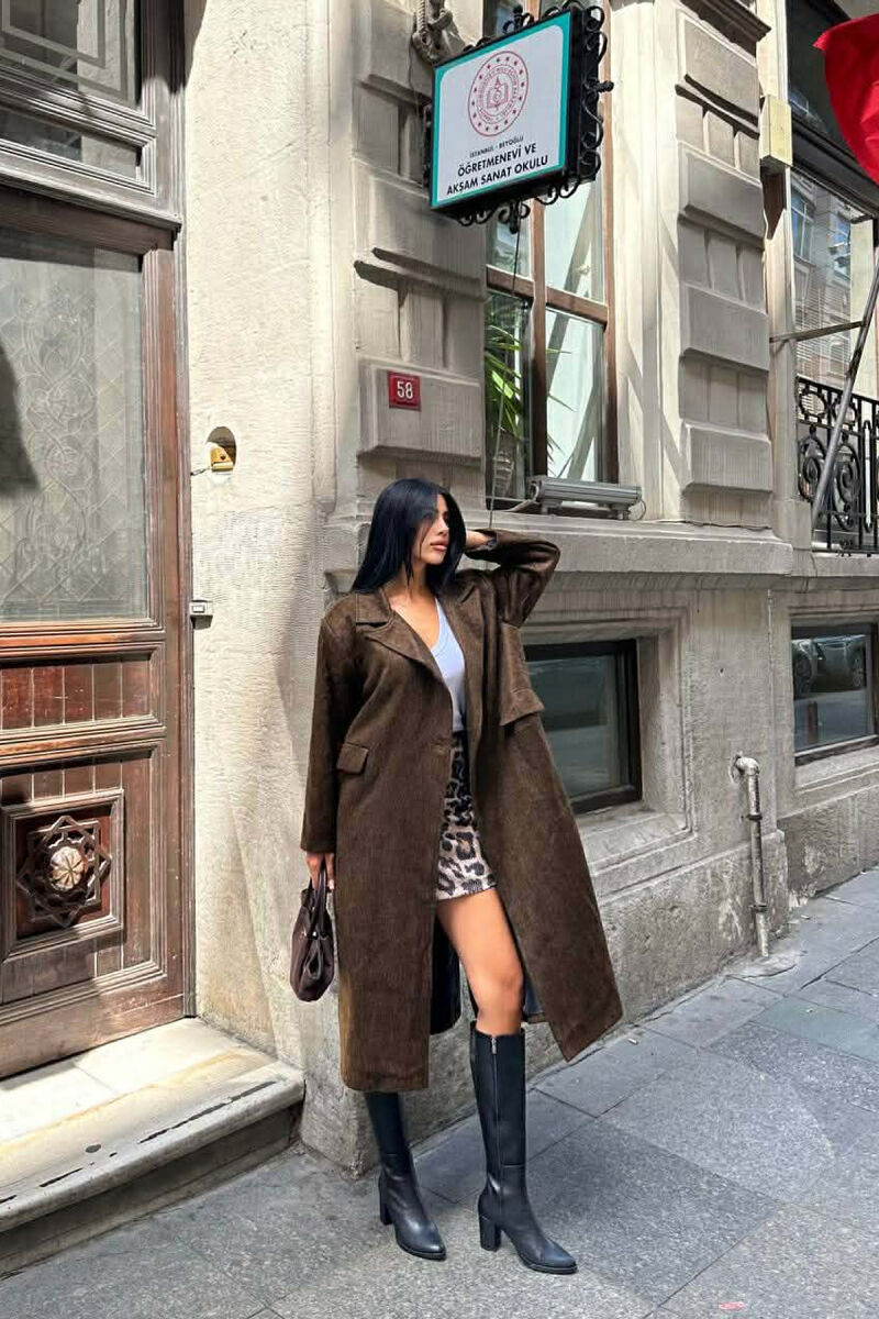 ONE COLOR ONE BUTTON FUR LONG WOMAN COAT BROWN/KAFE - 1