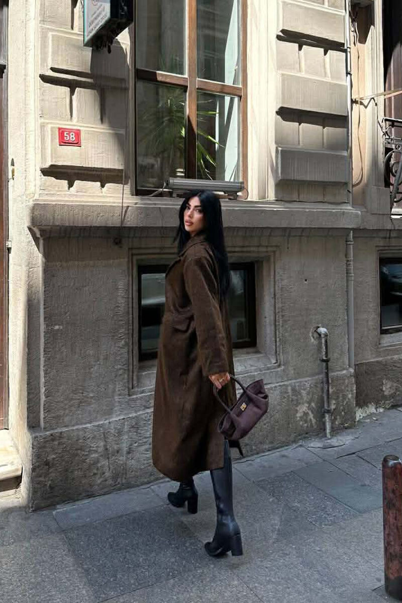 ONE COLOR ONE BUTTON FUR LONG WOMAN COAT BROWN/KAFE - 4