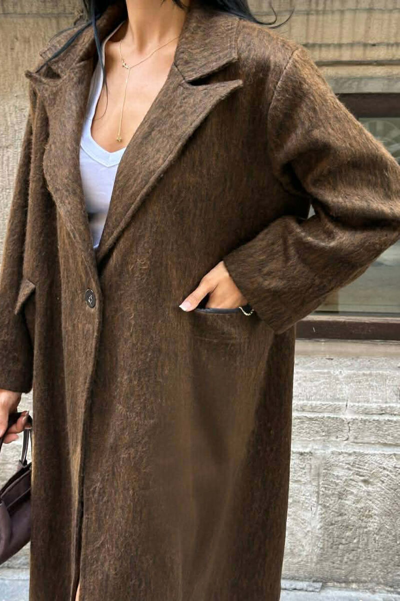 ONE COLOR ONE BUTTON FUR LONG WOMAN COAT BROWN/KAFE - 5