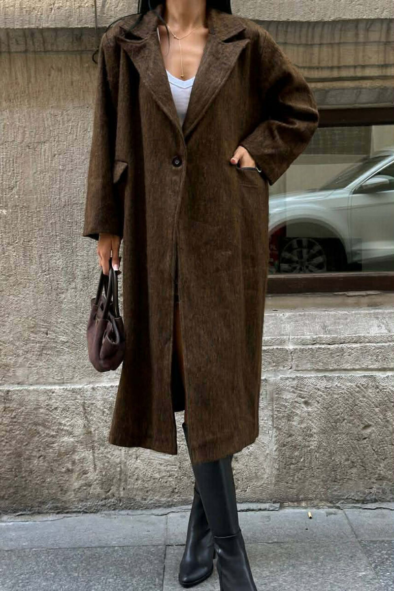 ONE COLOR ONE BUTTON FUR LONG WOMAN COAT BROWN/KAFE - 6