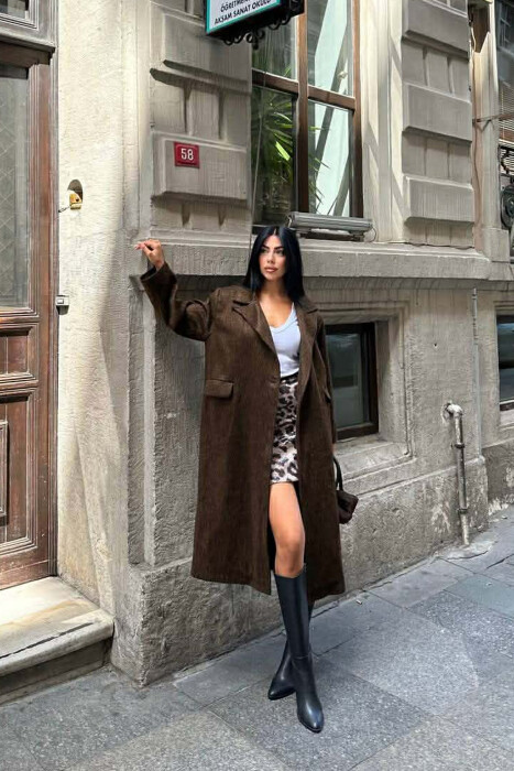 ONE COLOR ONE BUTTON FUR LONG WOMAN COAT BROWN/KAFE - 8