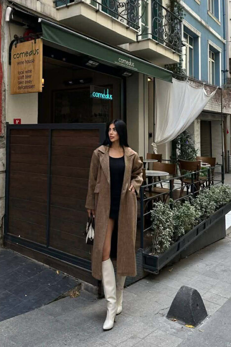 ONE COLOR ONE BUTTON FUR LONG WOMAN COAT LIGHT BROWN/KAZB - 1