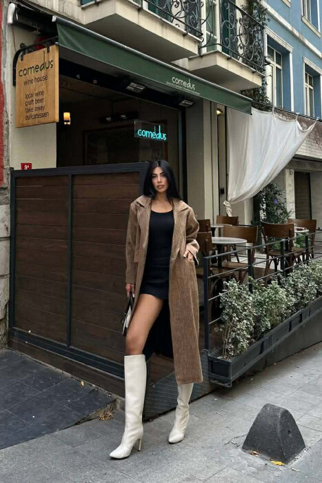 ONE COLOR ONE BUTTON FUR LONG WOMAN COAT LIGHT BROWN/KAZB - 2