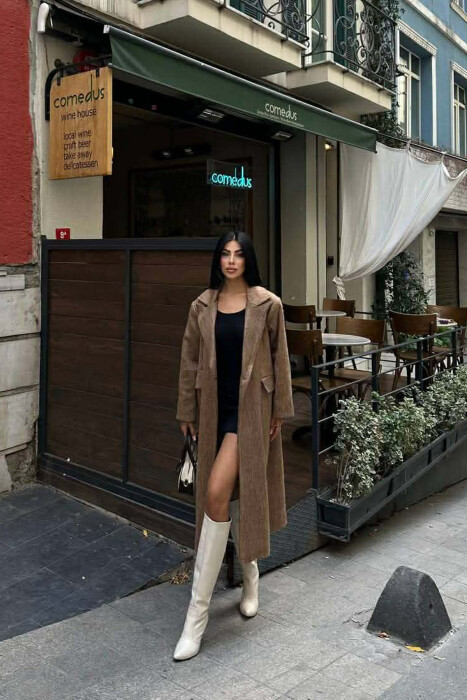 ONE COLOR ONE BUTTON FUR LONG WOMAN COAT LIGHT BROWN/KAZB - 3