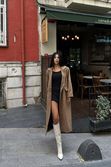 ONE COLOR ONE BUTTON FUR LONG WOMAN COAT LIGHT BROWN/KAZB - 6