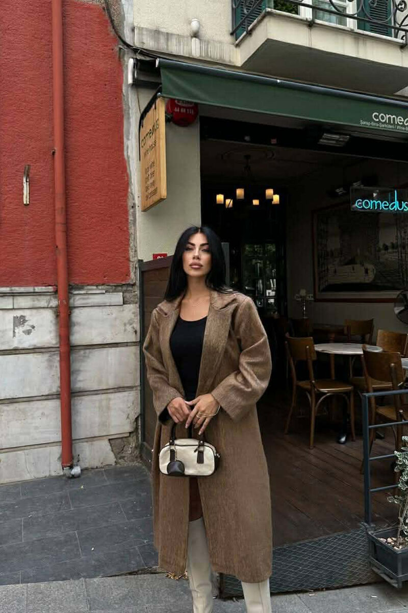 ONE COLOR ONE BUTTON FUR LONG WOMAN COAT LIGHT BROWN/KAZB - 7