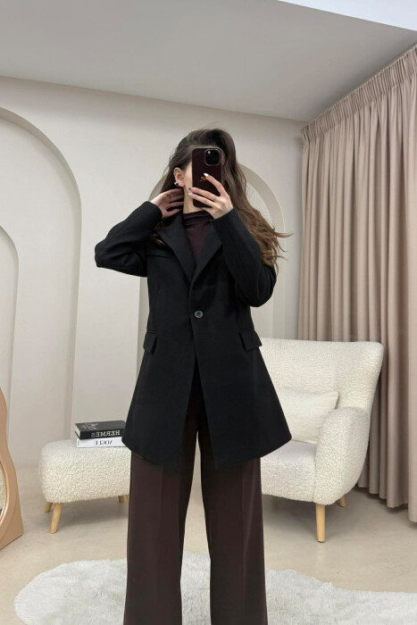 ONE COLOR ONE BUTTON SIMPLE WOMAN JACKET BLACK/ E ZEZE - 1