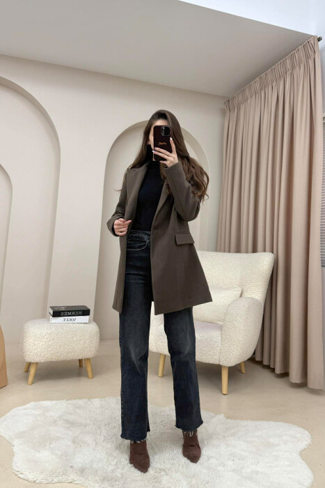 ONE COLOR ONE BUTTON SIMPLE WOMAN JACKET BROWN/KAFE - 4