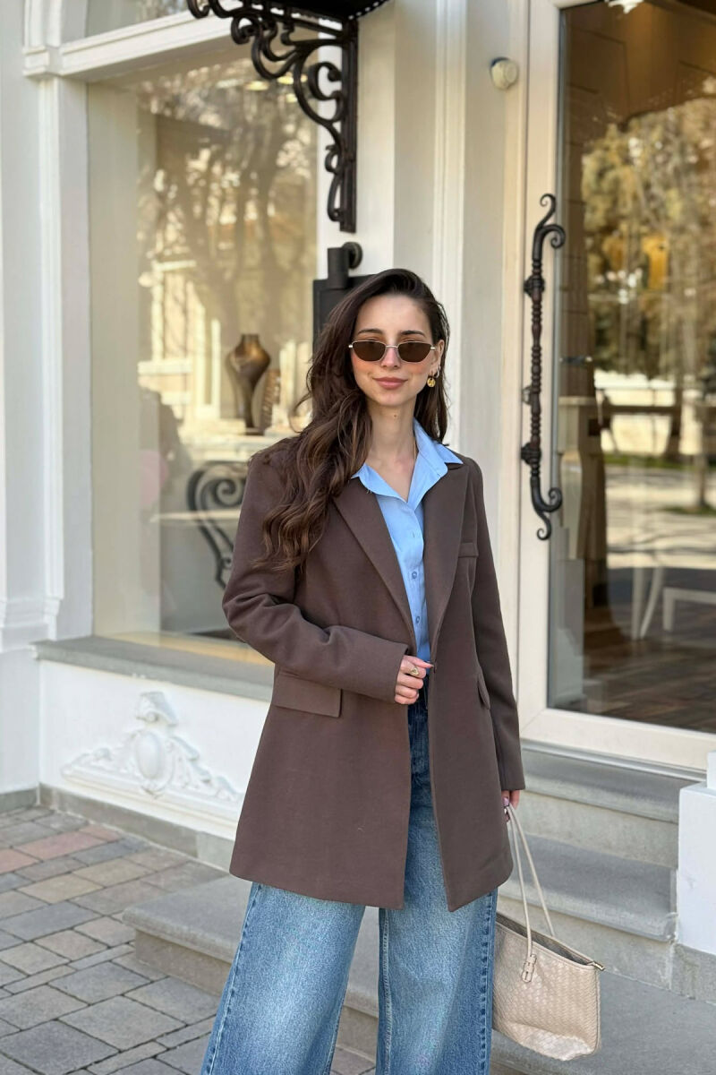 ONE COLOR ONE BUTTON SIMPLE WOMAN JACKET BROWN/KAFE - 1