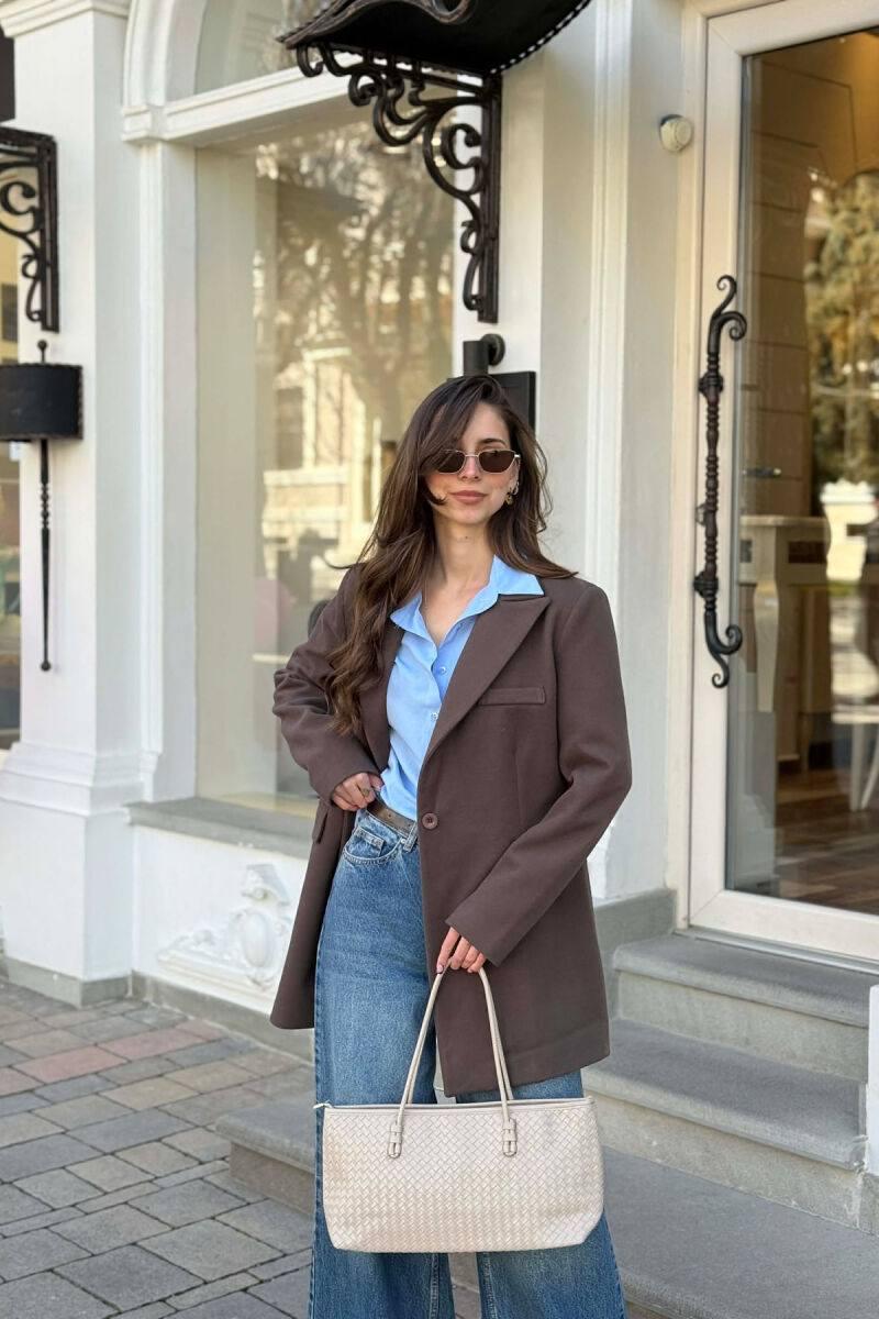 ONE COLOR ONE BUTTON SIMPLE WOMAN JACKET BROWN/KAFE - 2