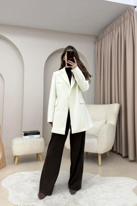ONE COLOR ONE BUTTON SIMPLE WOMAN JACKET CREAM/KREM - 2