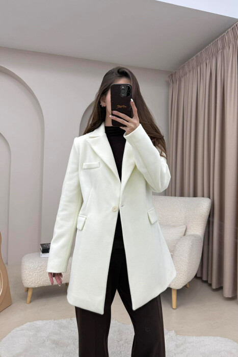 ONE COLOR ONE BUTTON SIMPLE WOMAN JACKET CREAM/KREM - 1