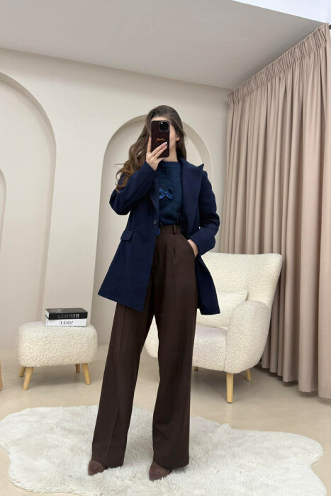 ONE COLOR ONE BUTTON SIMPLE WOMAN JACKET DARK BLUE/BEE - 2