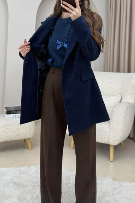 ONE COLOR ONE BUTTON SIMPLE WOMAN JACKET DARK BLUE/BEE - 3
