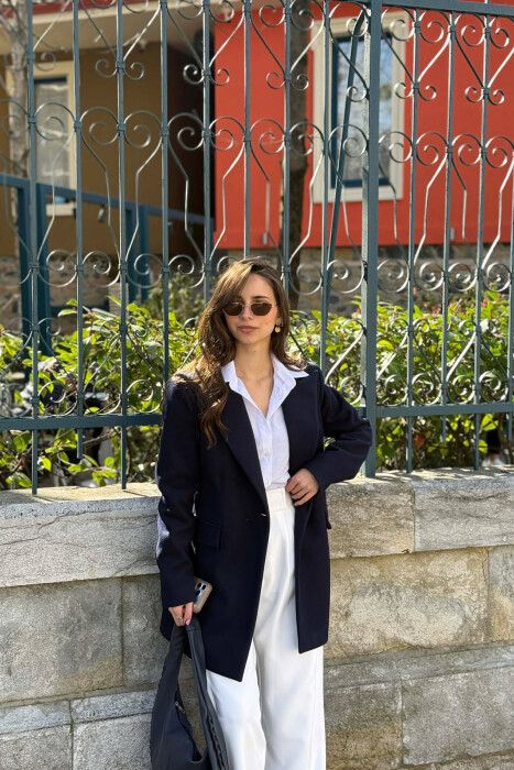 ONE COLOR ONE BUTTON SIMPLE WOMAN JACKET DARK BLUE/BEE - 3