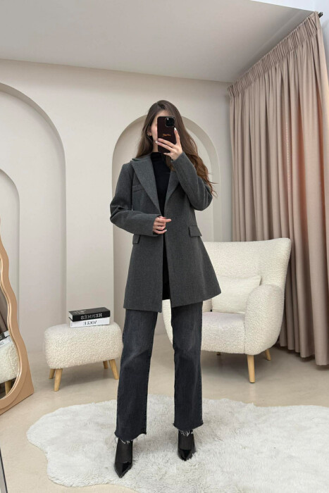 ONE COLOR ONE BUTTON SIMPLE WOMAN JACKET DARK GREY/GEE - 2