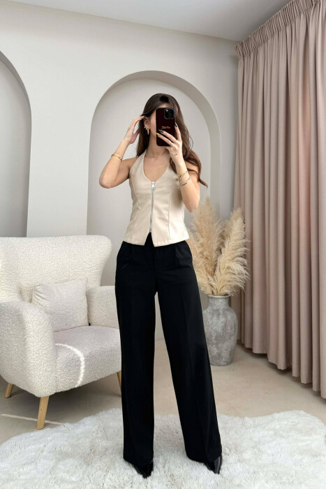 ONE COLOR OPEN BACK LEATHER WOMEN TANK TOP BEIGE/BEZHE - KLAUDIO FASHION