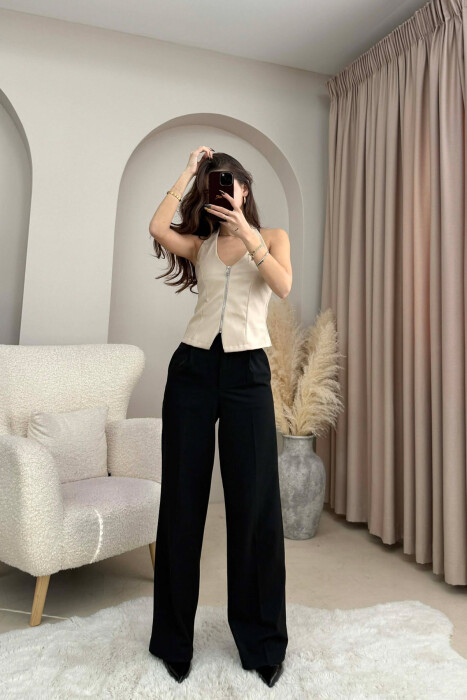 ONE COLOR OPEN BACK LEATHER WOMEN TANK TOP BEIGE/BEZHE - 4