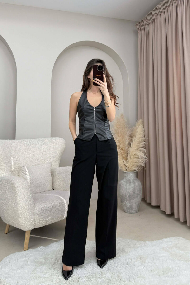 ONE COLOR OPEN BACK LEATHER WOMEN TANK TOP BLACK/ E ZEZE - 1