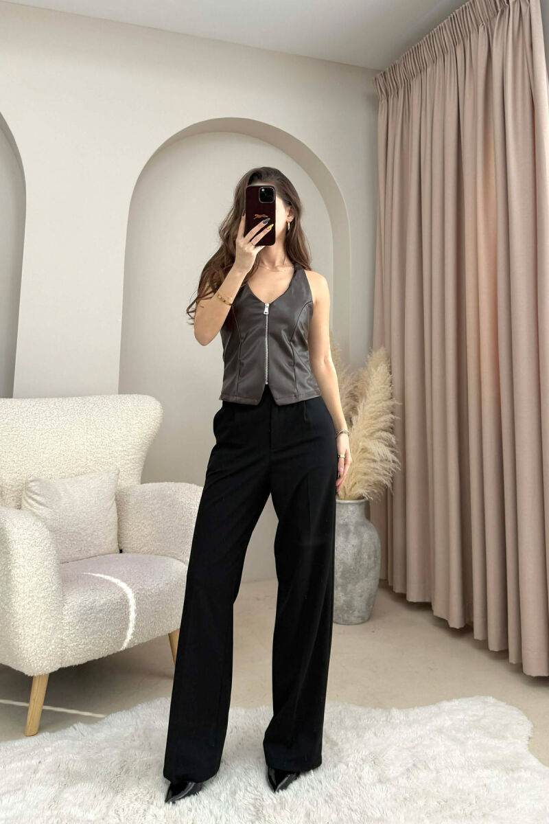 ONE COLOR OPEN BACK LEATHER WOMEN TANK TOP DARK BROWN/KAE - 1