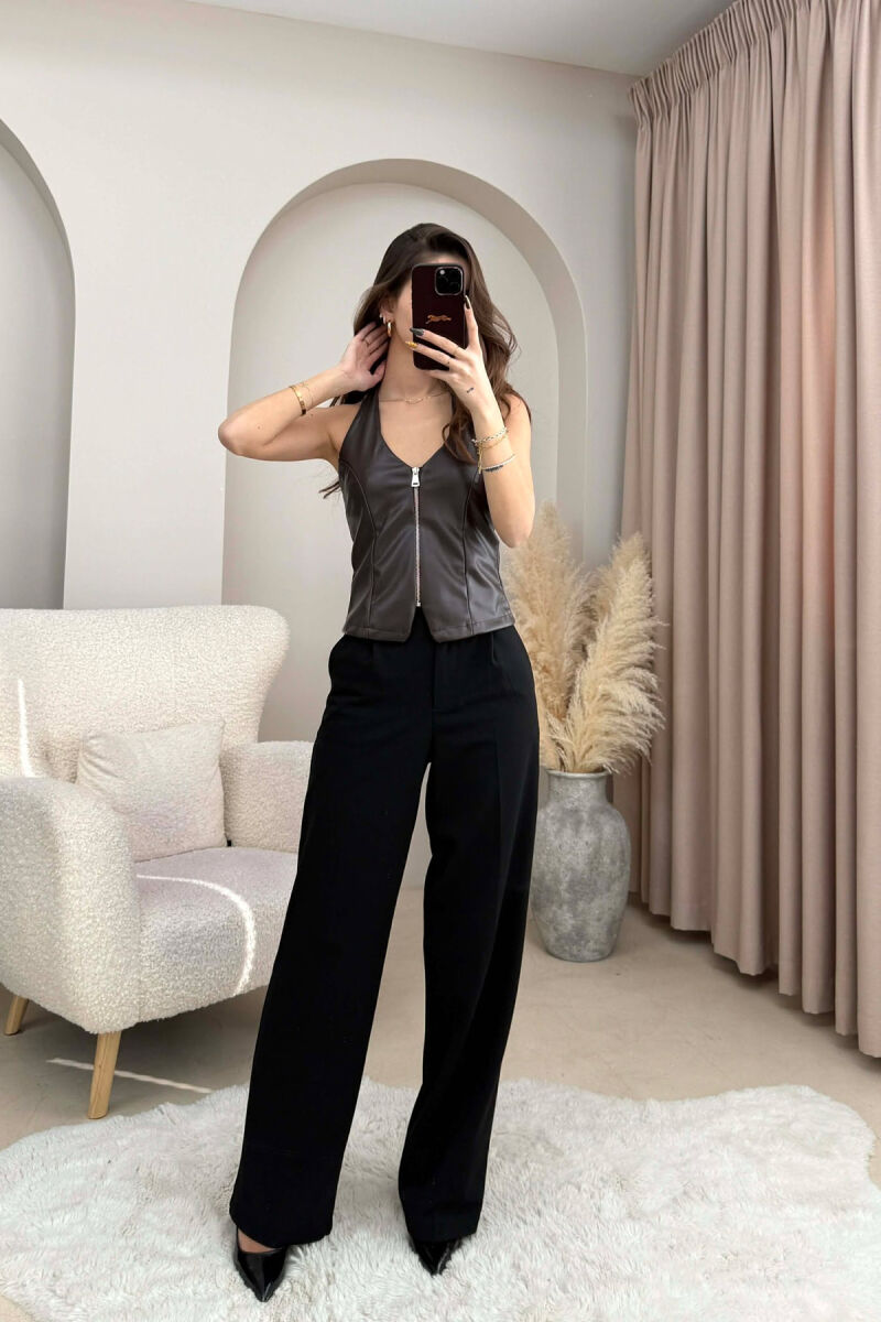 ONE COLOR OPEN BACK LEATHER WOMEN TANK TOP DARK BROWN/KAE - 2