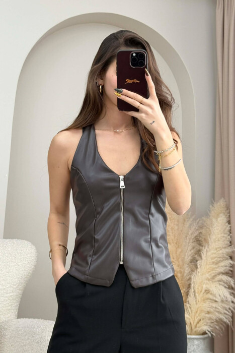 ONE COLOR OPEN BACK LEATHER WOMEN TANK TOP DARK BROWN/KAE - 3