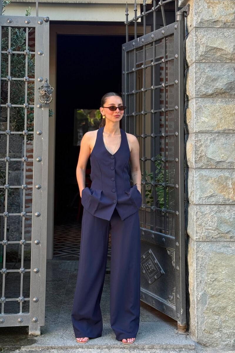 ONE COLOR OPEN BACK VEST + TROUSERS WOMAN SET BLUE/BLU - 1