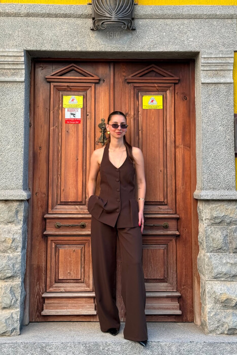 ONE COLOR OPEN BACK VEST + TROUSERS WOMAN SET BROWN/KAFE - 2