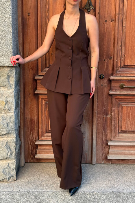 ONE COLOR OPEN BACK VEST + TROUSERS WOMAN SET BROWN/KAFE - 3
