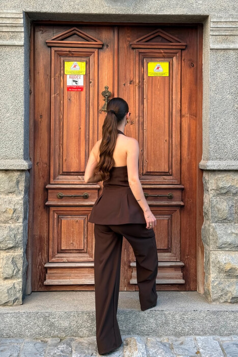 ONE COLOR OPEN BACK VEST + TROUSERS WOMAN SET BROWN/KAFE - 4
