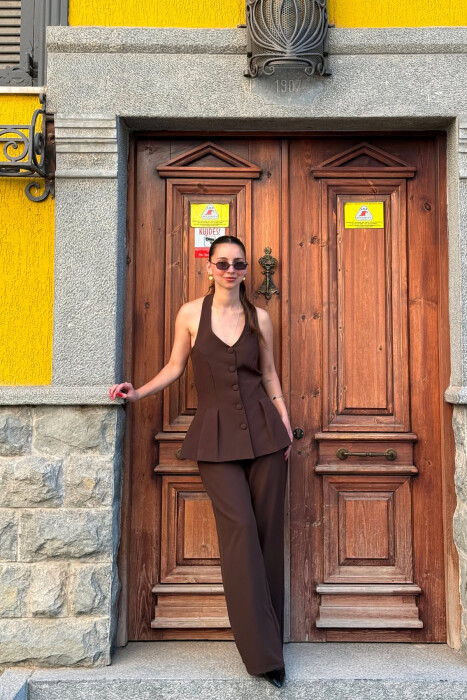 ONE COLOR OPEN BACK VEST + TROUSERS WOMAN SET BROWN/KAFE - 5