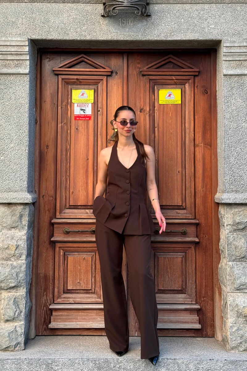 ONE COLOR OPEN BACK VEST + TROUSERS WOMAN SET BROWN/KAFE - 6