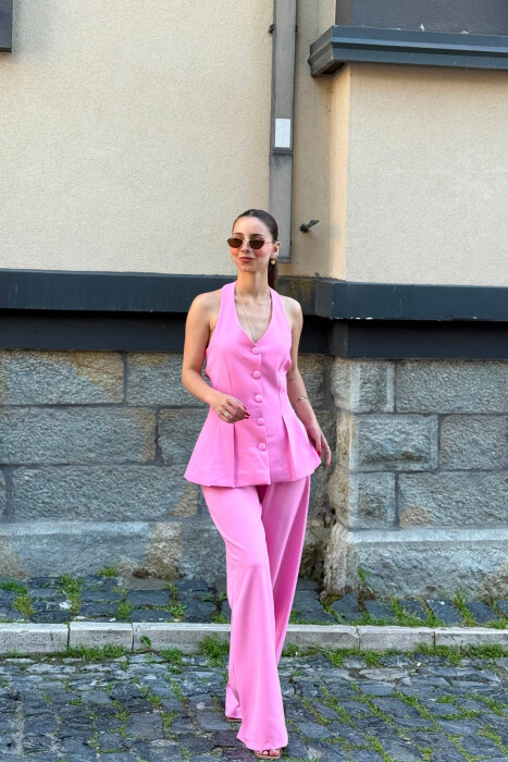 ONE COLOR OPEN BACK VEST + TROUSERS WOMAN SET PINK/ROZE - 2