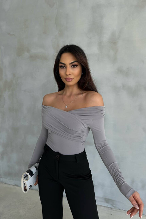 ONE COLOR OPEN NECK WOMEN BODY GREY/GRI - KLAUDIO FASHION