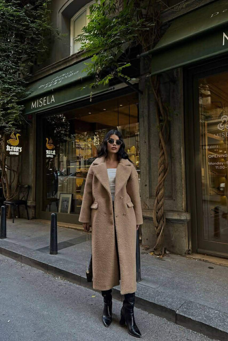 ONE COLOR OVERSIZE GOLD BUTTONS WOMEN COAT LIGHT BROWN/KAZB - 1