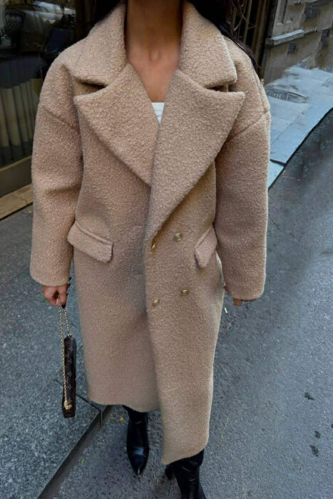 ONE COLOR OVERSIZE GOLD BUTTONS WOMEN COAT LIGHT BROWN/KAZB - 2