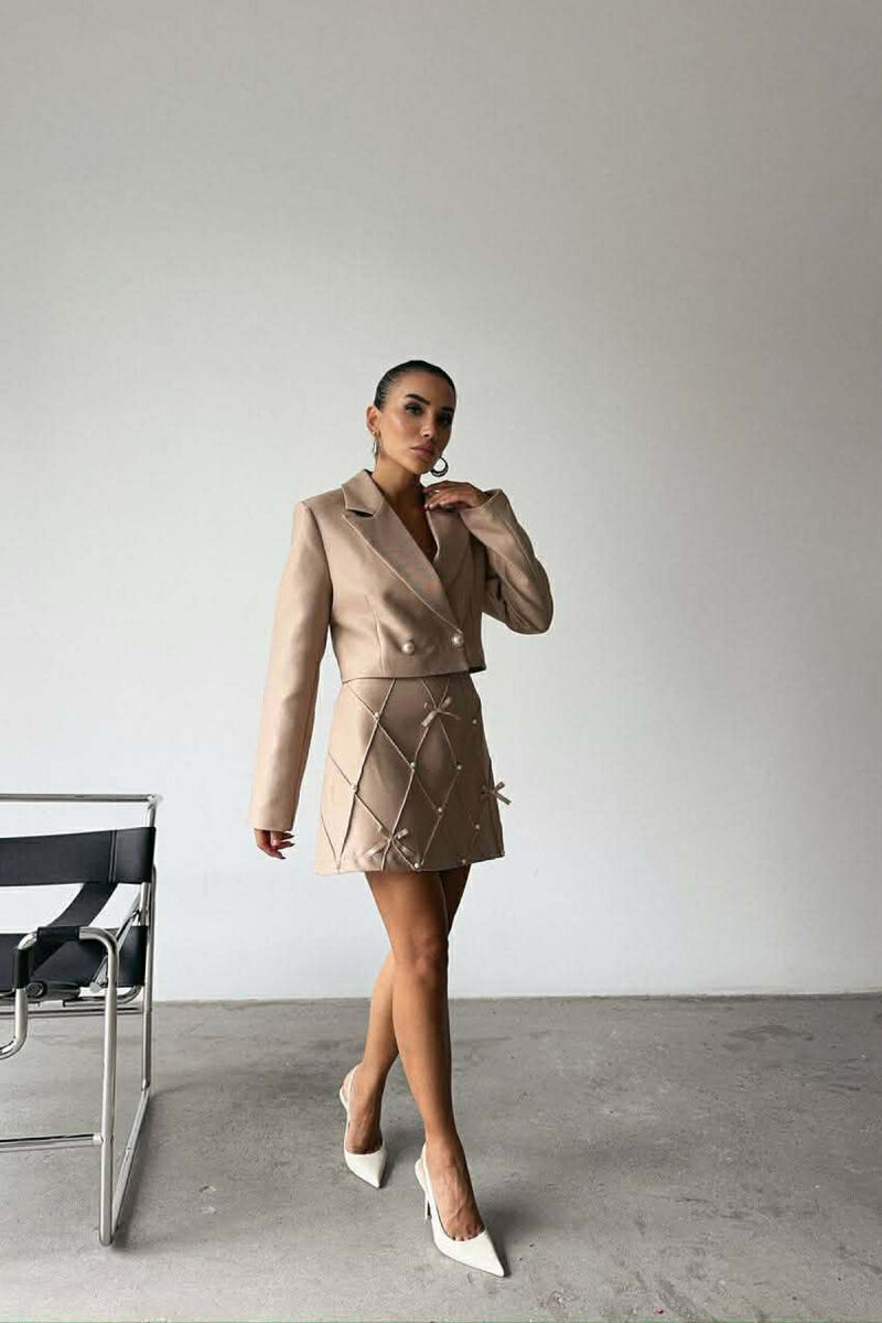 ONE COLOR PEARL DETAILS JACKET+SKIRT WOMEN SET BEIGE/BEZHE - 2