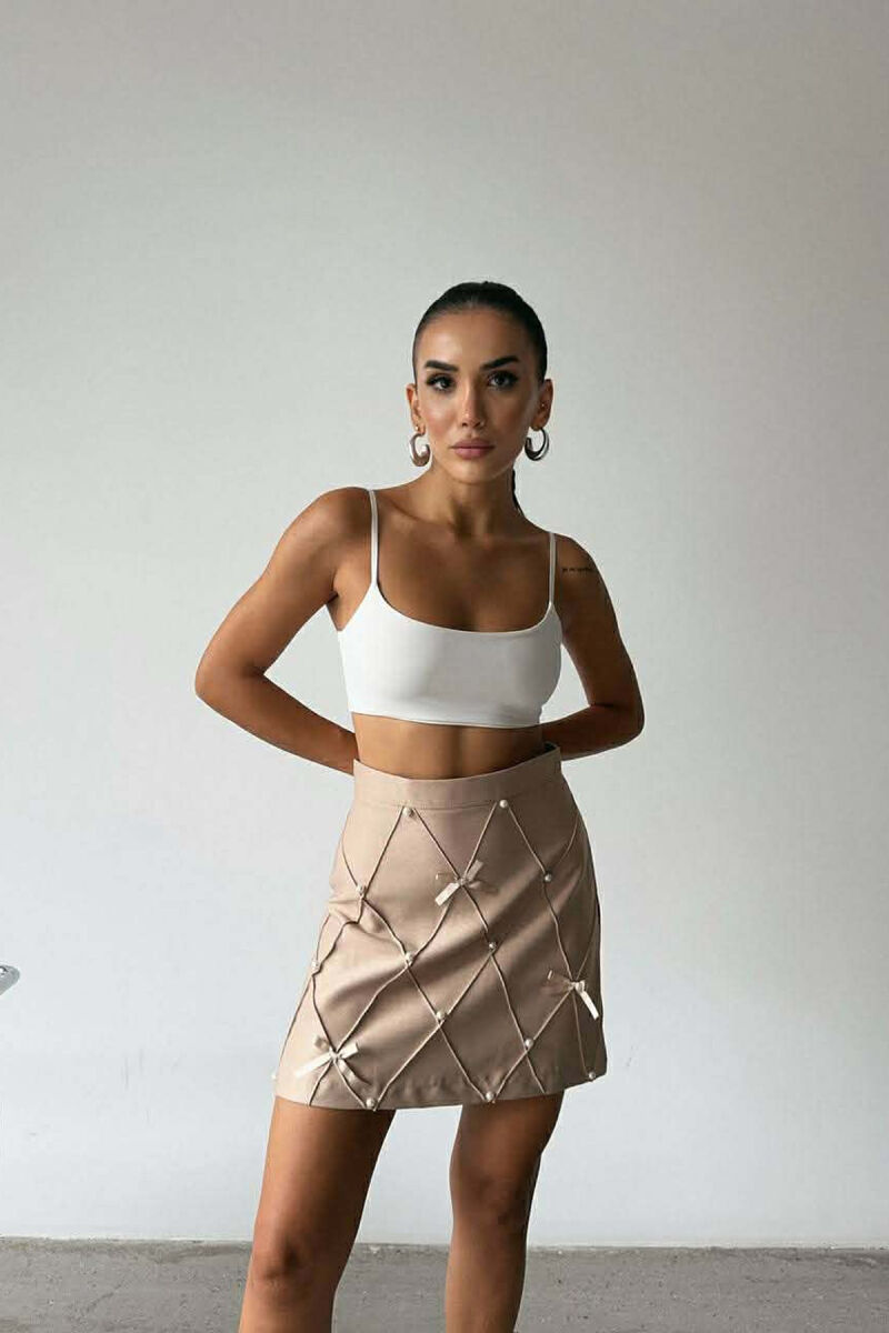 ONE COLOR PEARL DETAILS JACKET+SKIRT WOMEN SET BEIGE/BEZHE - 3