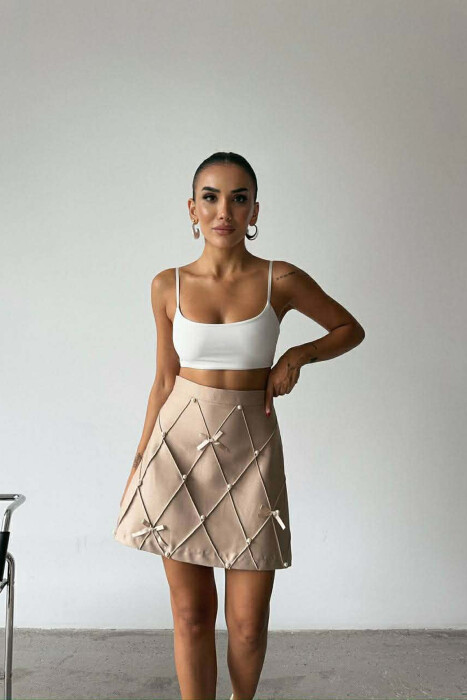 ONE COLOR PEARL DETAILS JACKET+SKIRT WOMEN SET BEIGE/BEZHE - 4