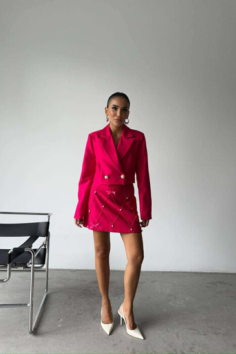 ONE COLOR PEARL DETAILS JACKET+SKIRT WOMEN SET FUCHSIA/CIKLAMI - KLAUDIO FASHION