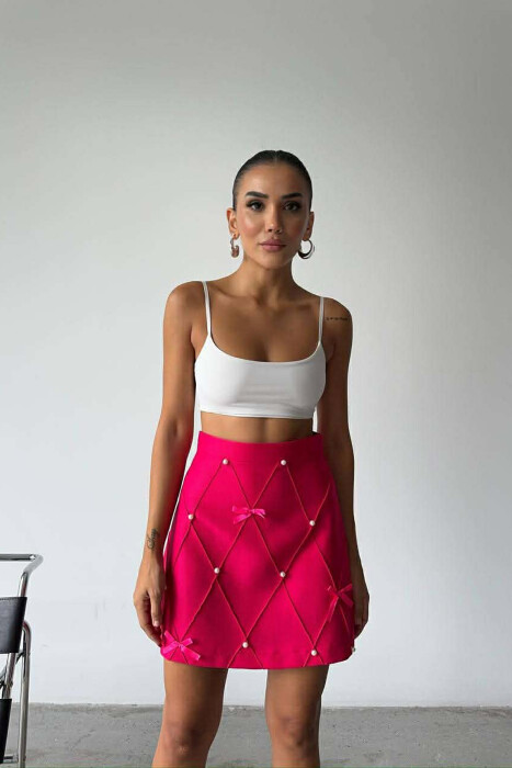 ONE COLOR PEARL DETAILS JACKET+SKIRT WOMEN SET FUCHSIA/CIKLAMI - 2