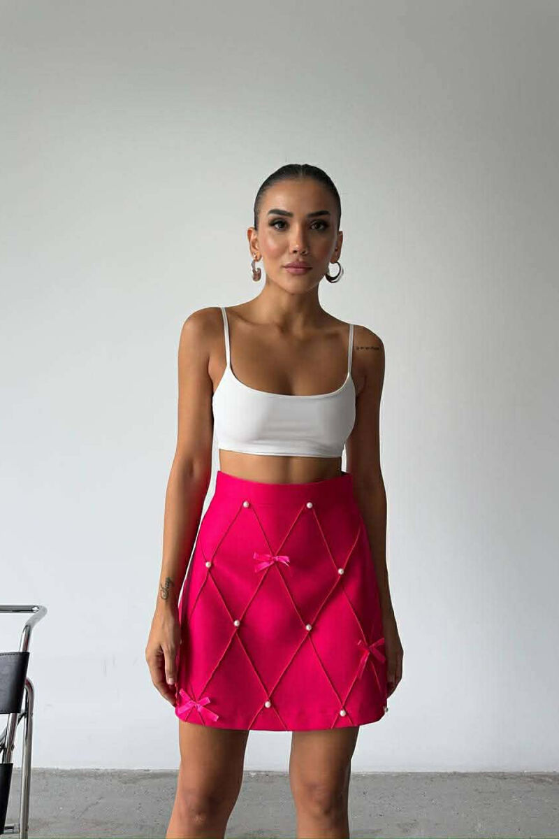 ONE COLOR PEARL DETAILS JACKET+SKIRT WOMEN SET FUCHSIA/CIKLAMI - 2