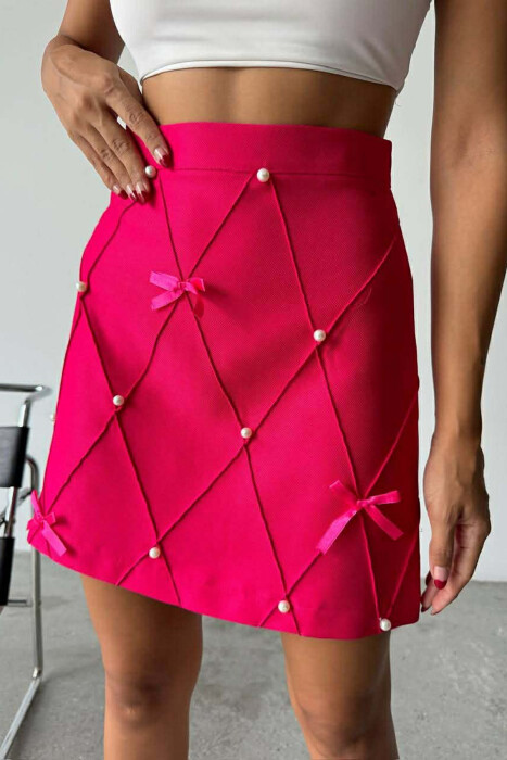 ONE COLOR PEARL DETAILS JACKET+SKIRT WOMEN SET FUCHSIA/CIKLAMI - 3
