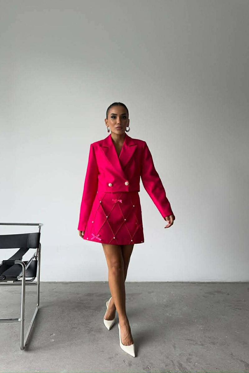 ONE COLOR PEARL DETAILS JACKET+SKIRT WOMEN SET FUCHSIA/CIKLAMI - 4