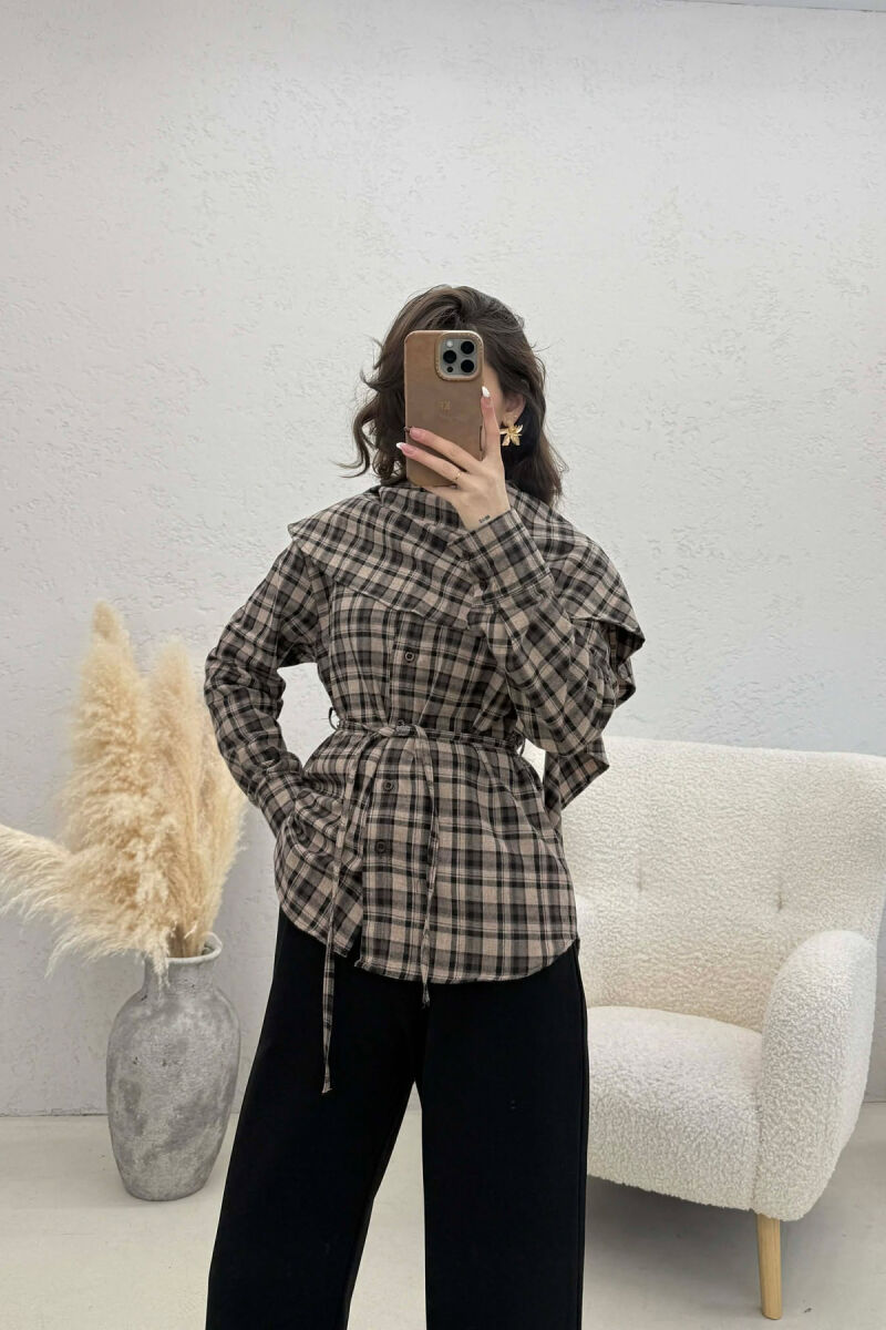 ONE COLOR PLAID WOMAN SHIRT WITH SCARF BROWN/KAFE - 1