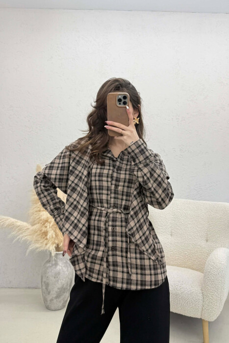ONE COLOR PLAID WOMAN SHIRT WITH SCARF BROWN/KAFE - 2