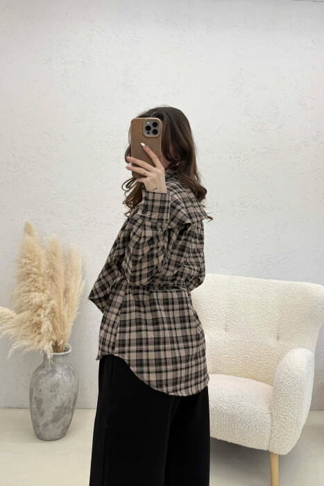 ONE COLOR PLAID WOMAN SHIRT WITH SCARF BROWN/KAFE - 3