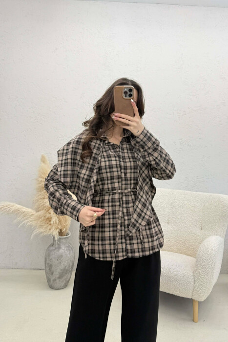 ONE COLOR PLAID WOMAN SHIRT WITH SCARF BROWN/KAFE - 4